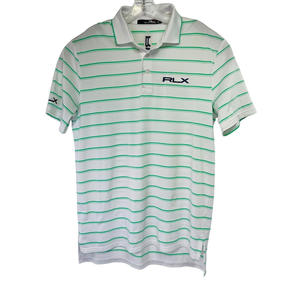 RLX Ralph Lauren Mens Sz Medium White W/Green Stripes Golf Polo Shirt (W37) EUC